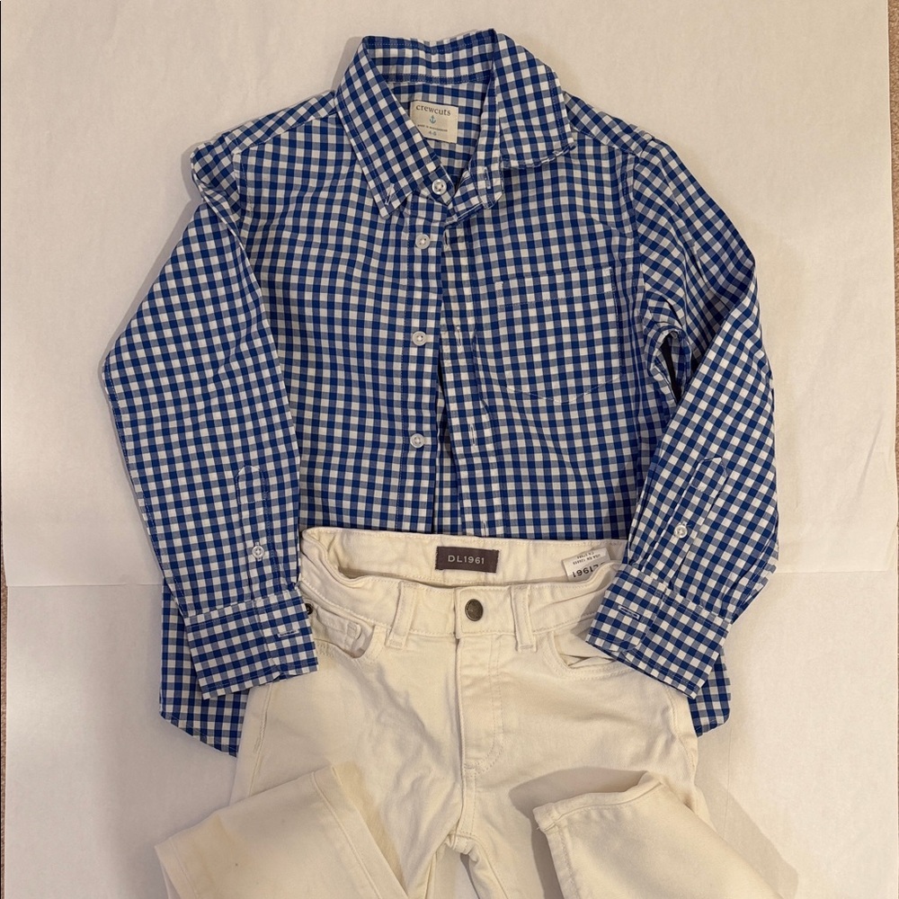 Crewcuts gingham button down & DL1961 White jeans